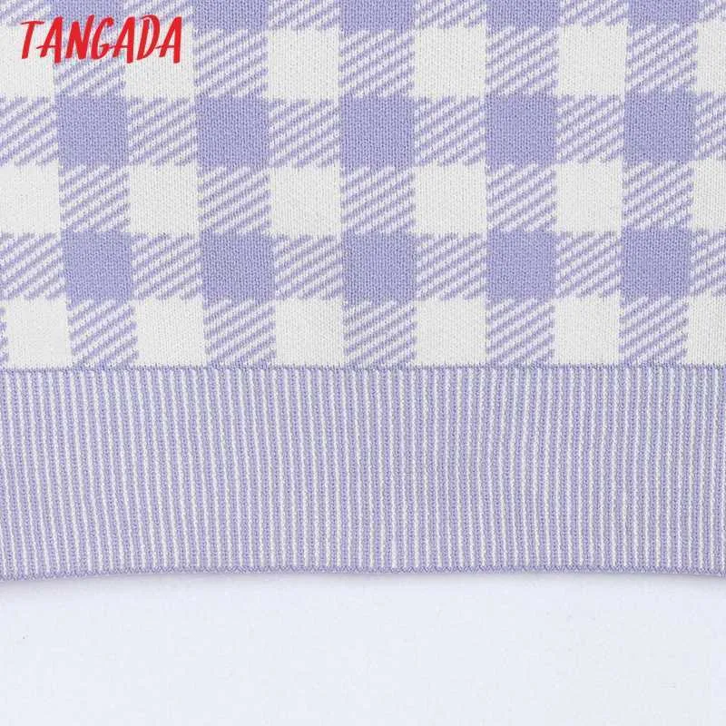 Tangada femmes violet Plaid tricot Camis haut court Spaghetti sangle sans manches dos nu chemises femme décontracté hauts 6H11 210609