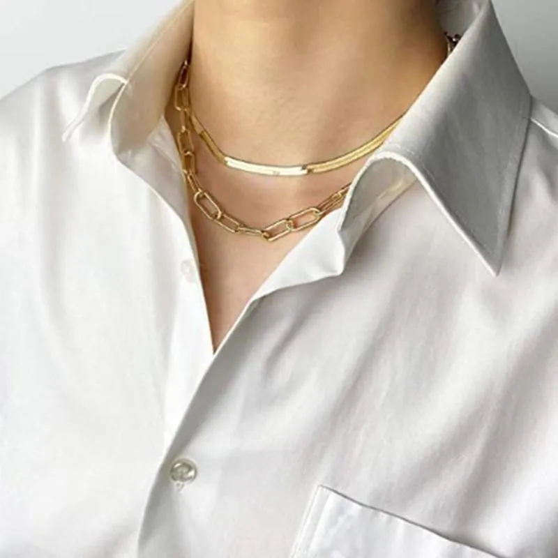 Chains 18K Gold Plating Layered Necklace Layering Paperclip Chain Choker Gift For Women Clavicle299E