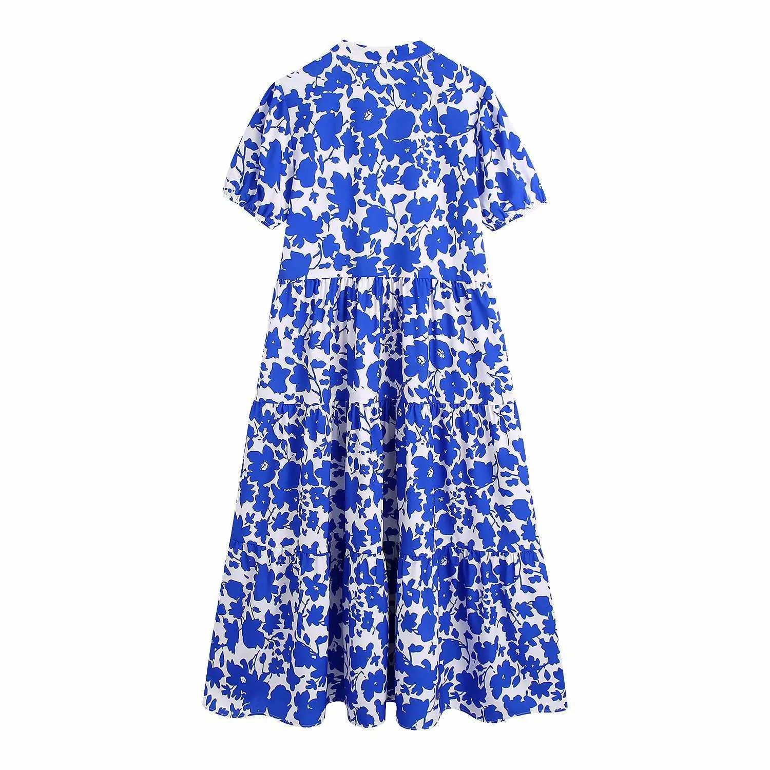 Lato Kwiatowa Niebieska Sukienka Kobiety V-Neck Krótkie Rękawy Puff Rocznika Maxi Sukienka Kobiety Robe 210709
