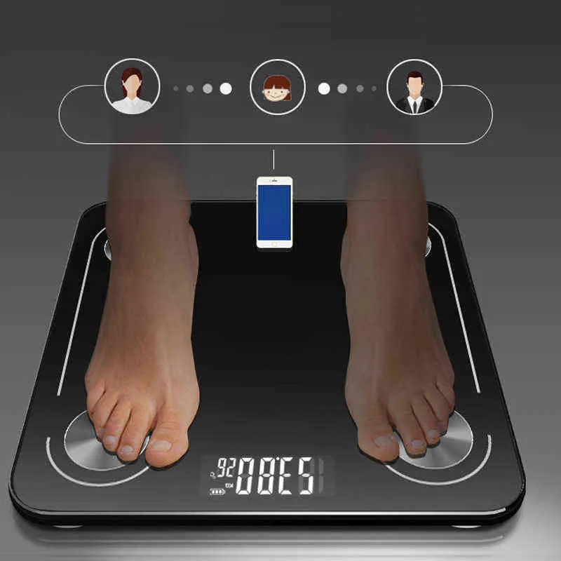 Balança de gordura corporal Bluetooth Bluetooth Smart Body Scala Banheiro Escalas de Peso Corporal Composição Analisador Sincronizar Língua de Telefone H1229