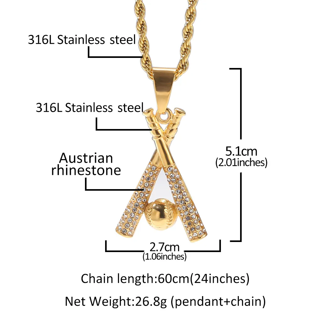 Hip Hop Jewelry Baseball Pendant Necklace Stainless Gold Plated Rhinestone With Chain For Men Women Nice Lover Gift Rapper Accesso200u