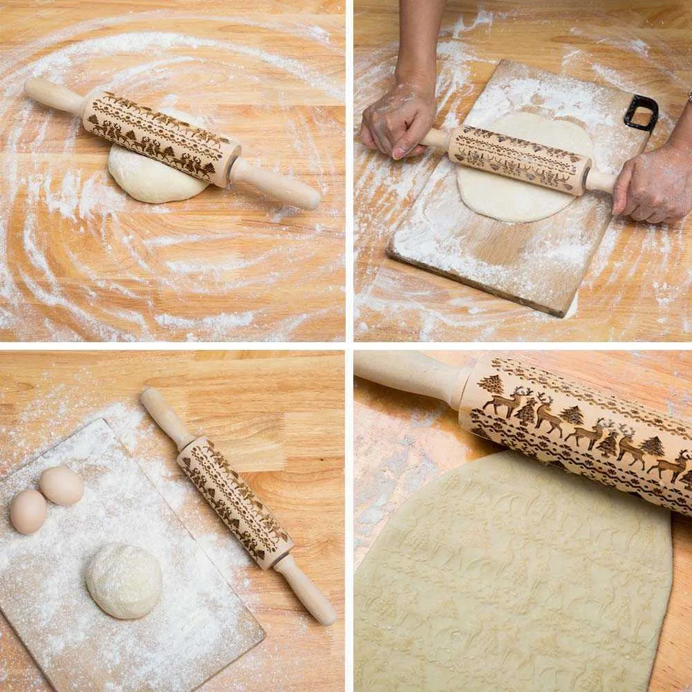 Christmas Rolling Pin Engraved Carved Wood Embossed Rolling Pin Kitchen Tool DSD666 211008