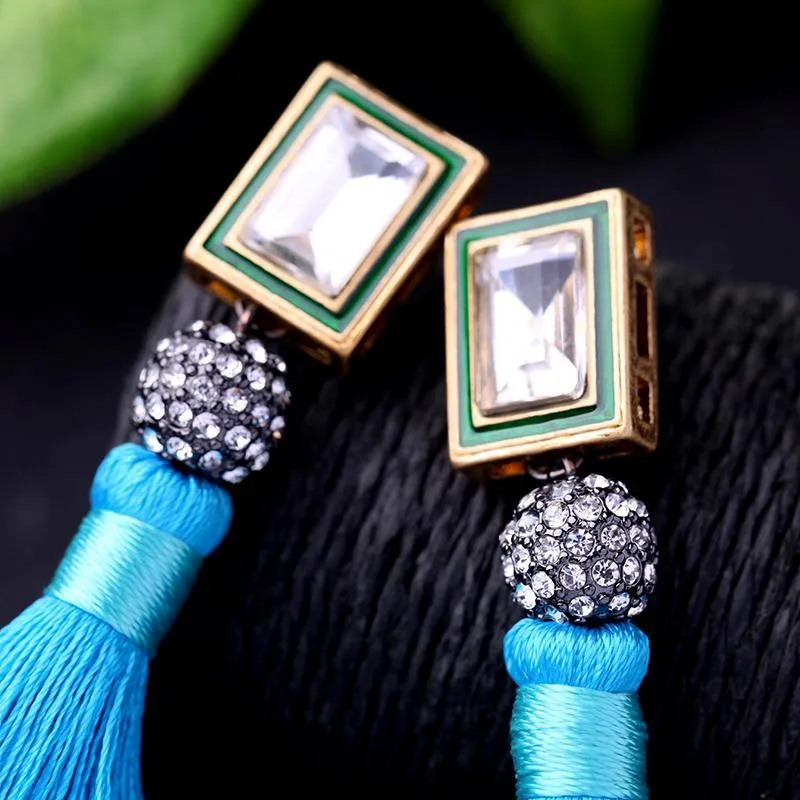 Dangle Kroonluchter Bulk Prijs Handgemaakte Blauwe Lange Tassel Line Katoenen Oorbellen Unieke Glazen Kristallen Druppel Voor Vrouwen Sieraden