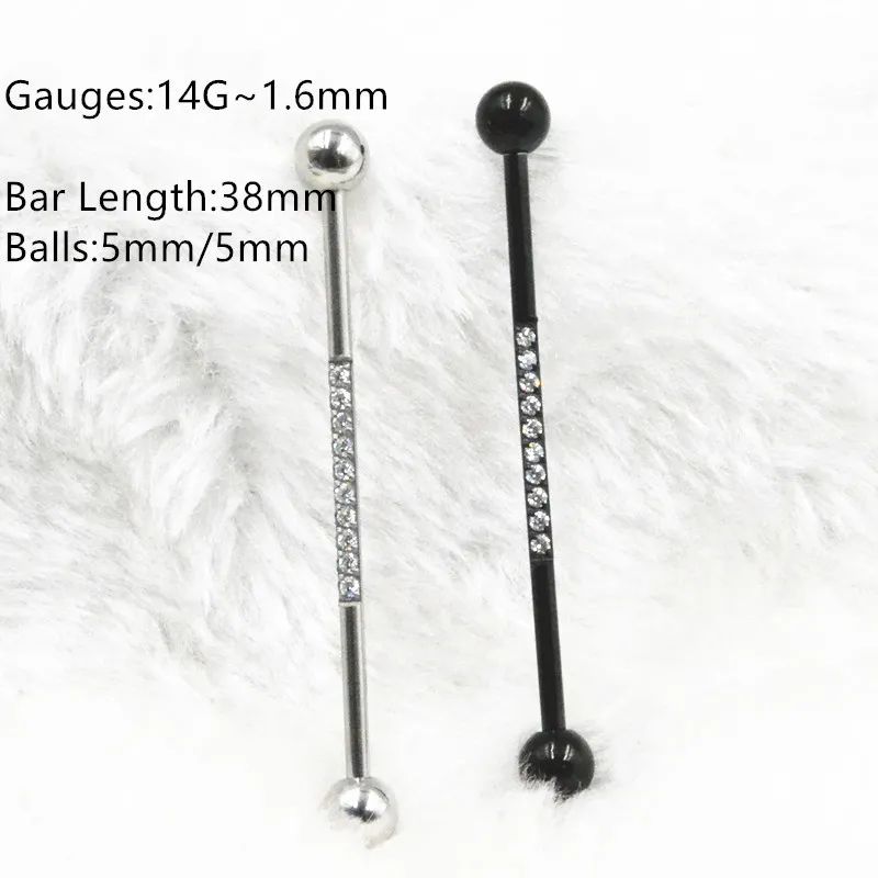 10st shippment 14g ~ 1.6mm CZ Gems Straight Helix Squotfold Long Barbells Industrial Bar Body Smycken Öron Piercing