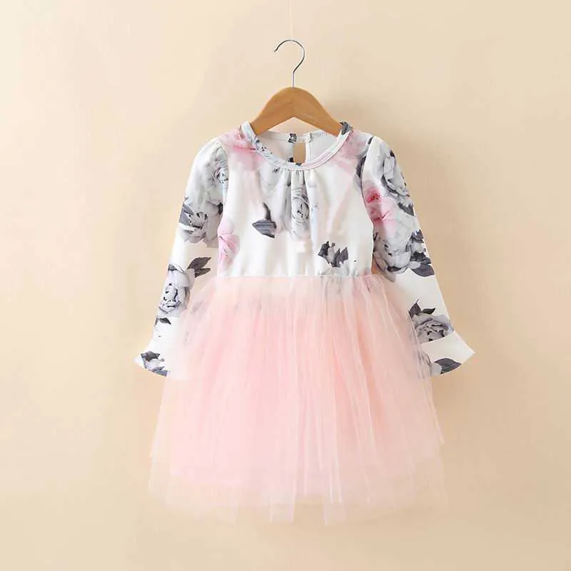 Retail Spring Autumn Easter Girl Fluffy Dress Floral Tiered Gauze Long Sleeve Princess Children Clothing 2-6 Years E88346 210610