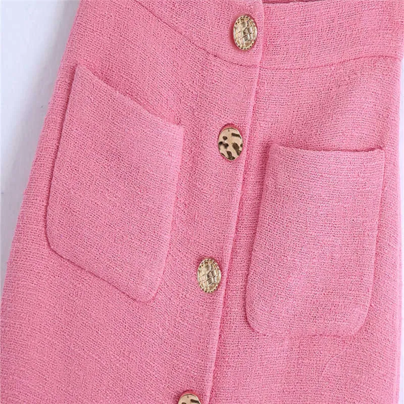 Kobiety Różowy Zapinany na guziki Textured Spódnica Za Vintage Wysoka Talia Front Slit Casual Midi Spódnice Kobieta Chic Powrót Zip Spódnica Spódnica 210602