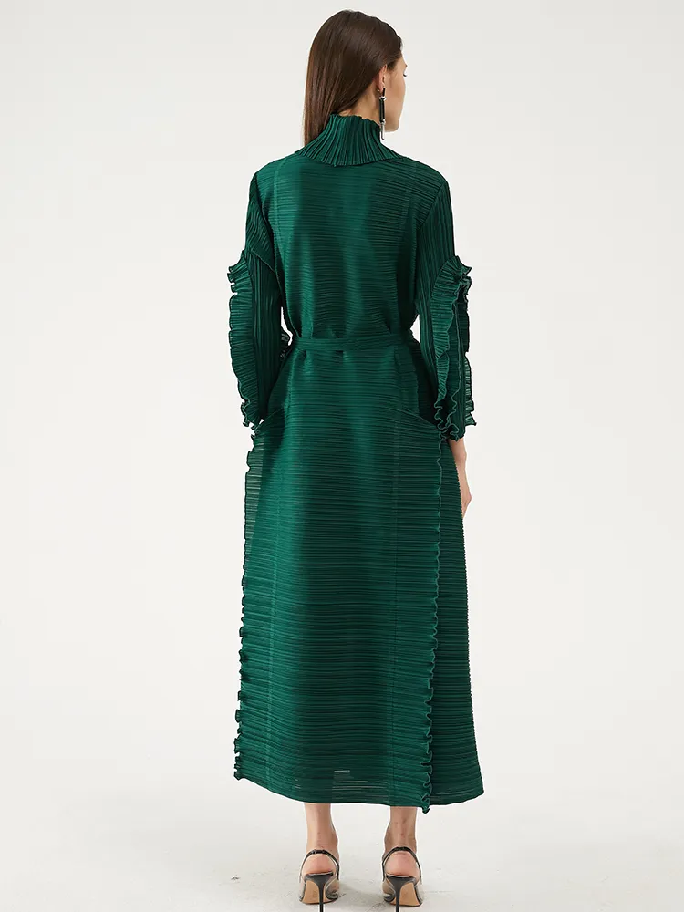 Miyake plissé à manches longues pétale robe revers cardigan ceintures plus la taille haute longue robe verte hiver femmes vêtements esthétiques 210303