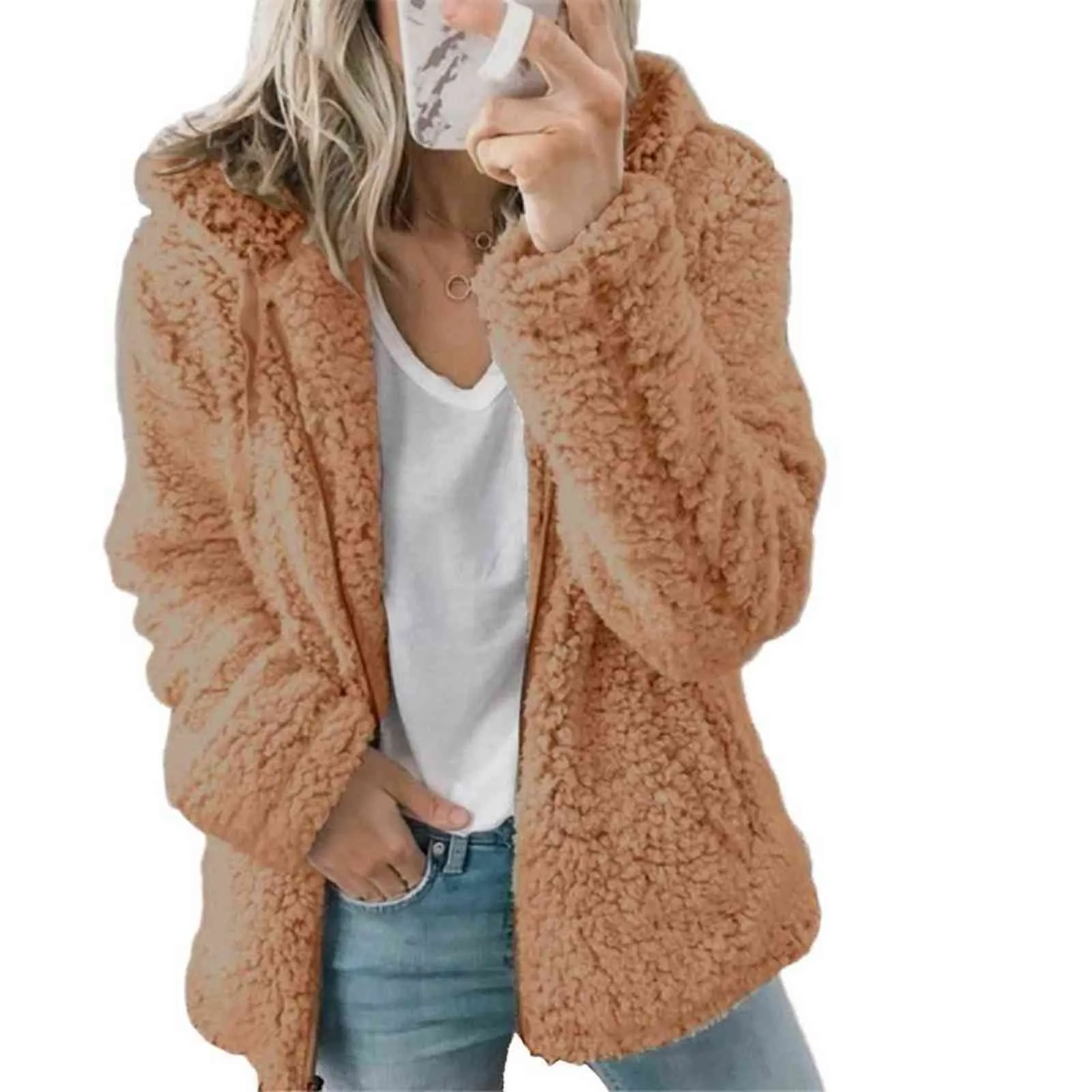 Mujeres Otoño Invierno Chaqueta Mujer Abrigo Causal Suave Con Capucha Fleece Felpa Cálido Más Tamaño Faux Fur Fluffy Cremallera Top 211122