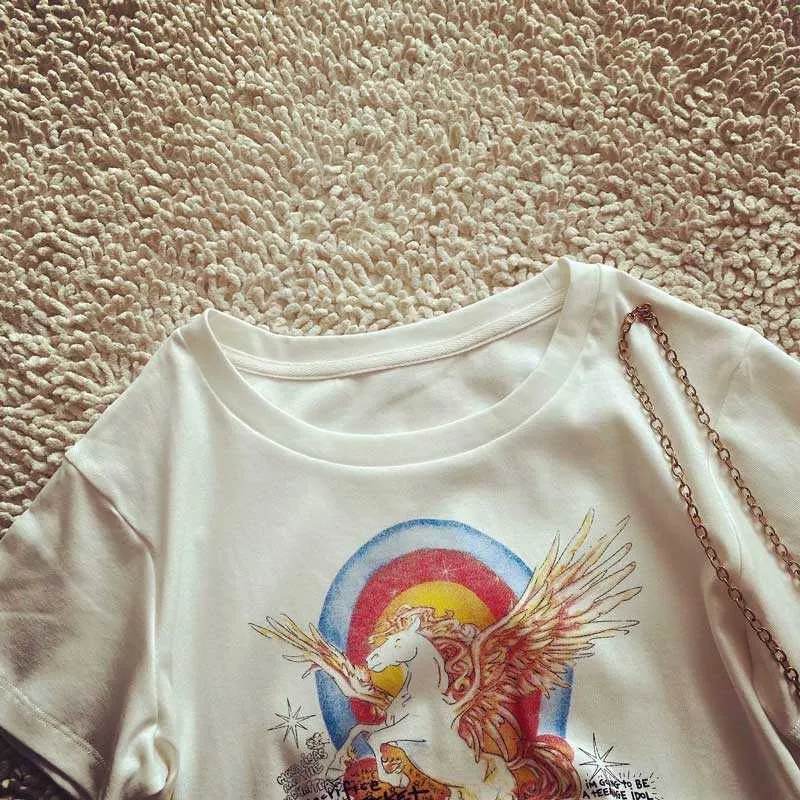 Boho Inspiré T-shirt graphique blanc Femmes Casual Coton T-shirt à manches courtes Femme Mode Femme T-shirt Rainbow Print Girl Tops 210722