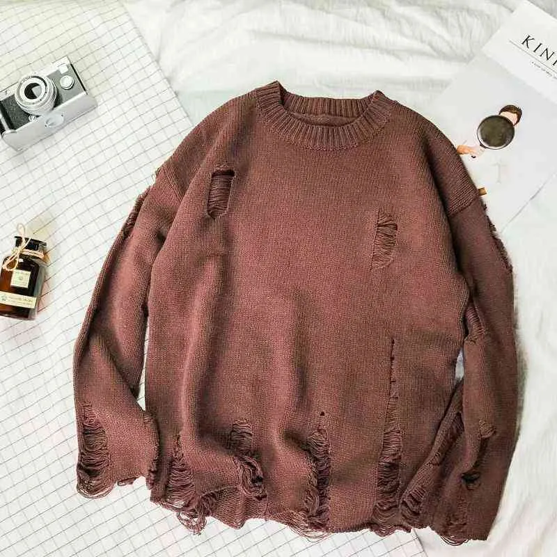 Wash Hole Ripped Knit Sweaters Men Women Streetwear Hip Hop Pullovers Jumper Fashion Oversized All-match Men Winter Clothes 211103