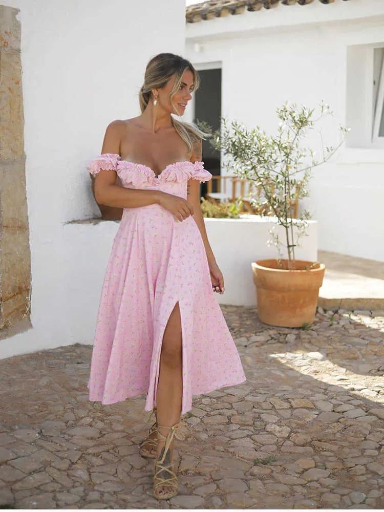 Cryptographic Off Shoulder Ruffles Fashion Floral Print Maxi Dresses Cottagecore Sexy Backless Split Long Dress Holiday Summer Y0603