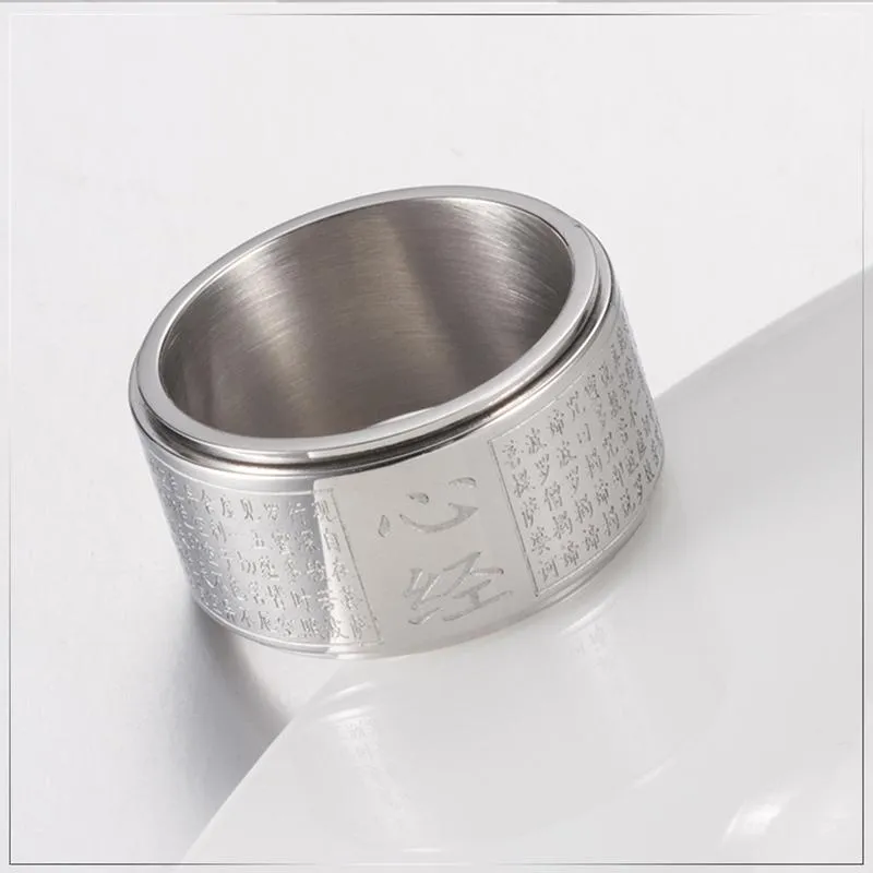 Cluster Ringe Männer Spinner Ring 12mm Vintage Chinesische Herz Sutra Gravierte Buddhistische Für Gold Silber Farbe Titan Stahl Finger jewe266R