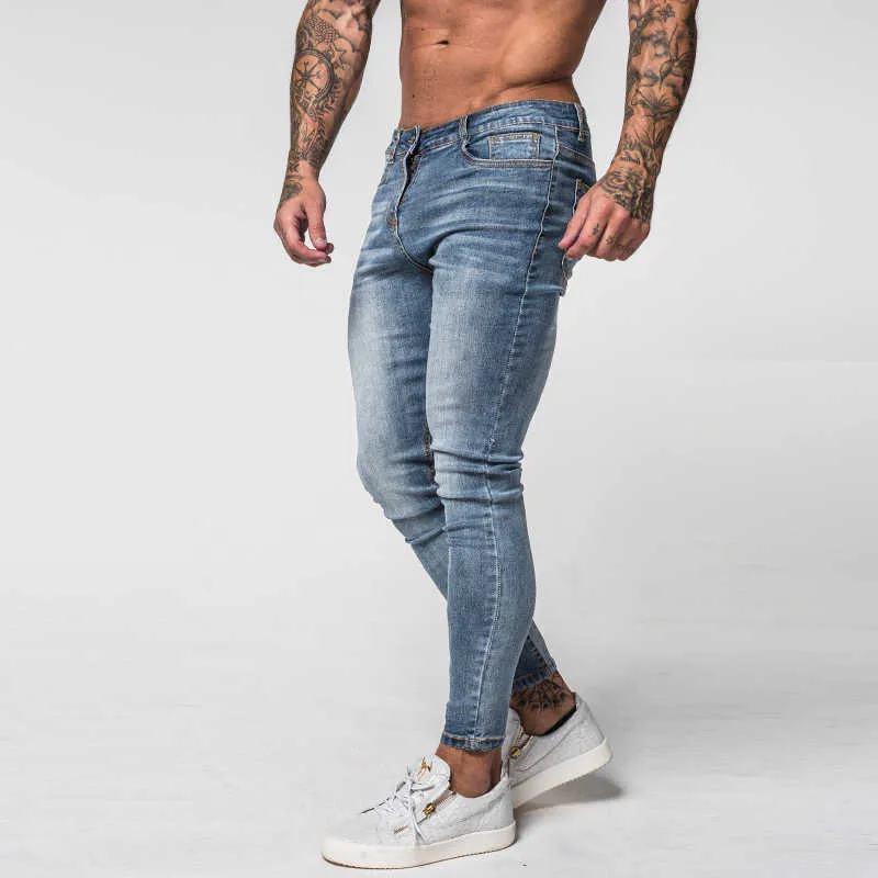 Gingtto hommes jean skinny délavé bleu taille moyenne classique Hip Hop Stretch pantalon coton confortable goutte approvisionnement zm46 210716