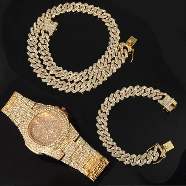 Hip Hop 135MM KIT Orologio pesante + Polo Collana cubana + Bracciale Bling Crystal AAA + Catene ghiacciate con strass gioielli da uomo