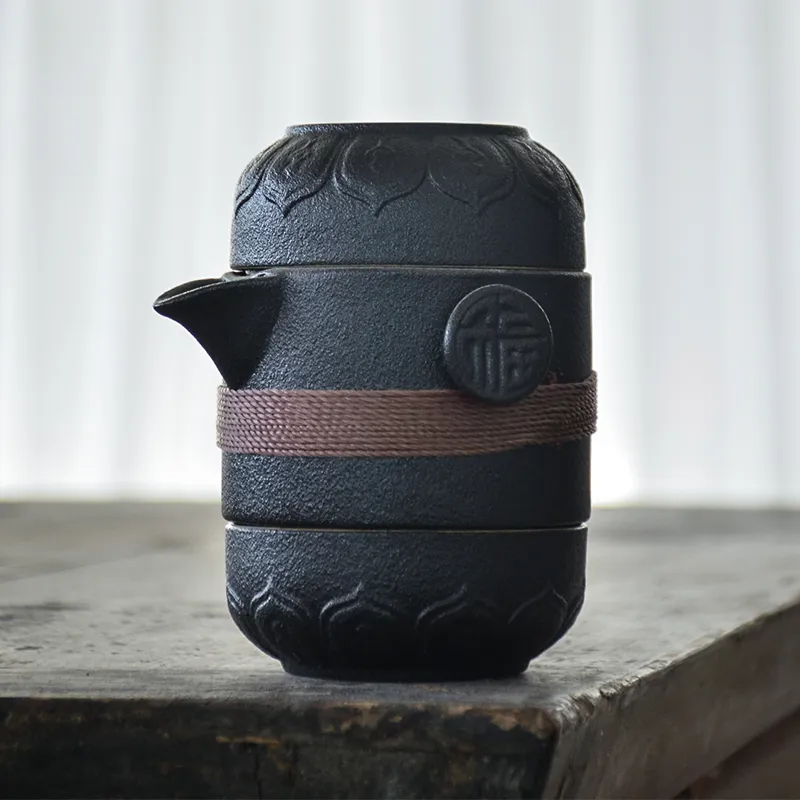 تانجبين الأسود الفاخرة رمزية السيراميك مع 2 كوب مجموعات السفر المحمولة مجموعة drinkware