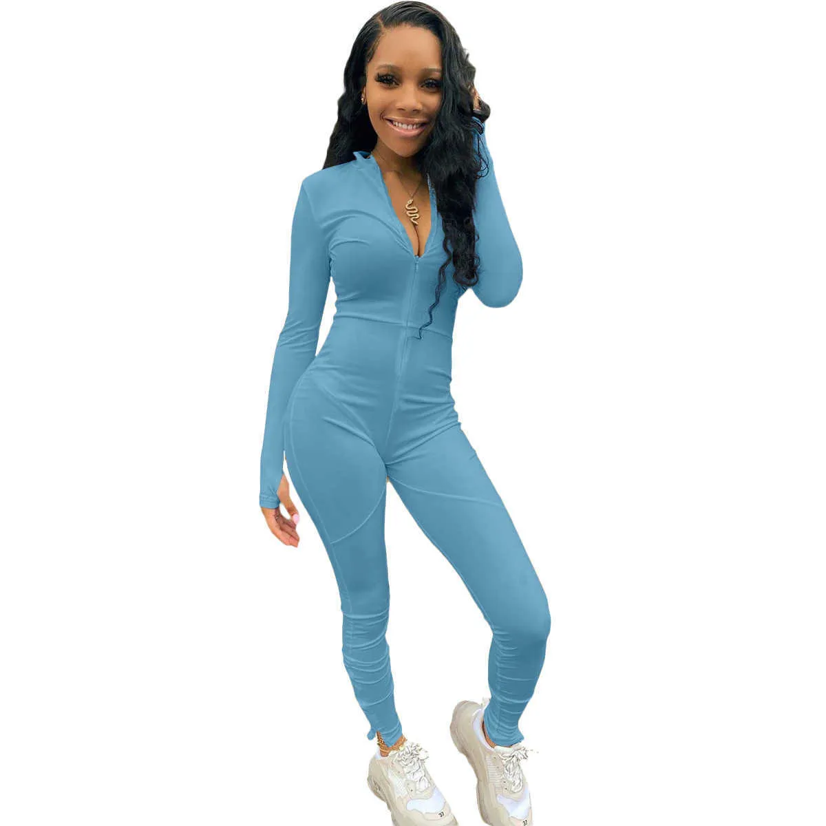 Sexy Solid Color Long Sleeve Deep V Bodycon Rompers Womens Jumpsuit Sporyt Suit Fashion Zip Up Long Pants Overalls Fitness Set 210709