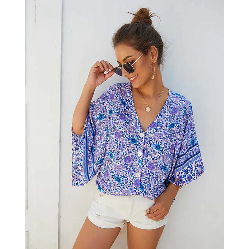 Boheemse losse bloemen vrouwen blouse sexy v-hals batwing mouw knop boho dame blouses w280 210526