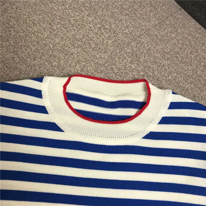 Lyxig designer Märke Stickade Pullovers för Kvinnor Vintage O Neck Blue White Navy Stripes Sweater 210914
