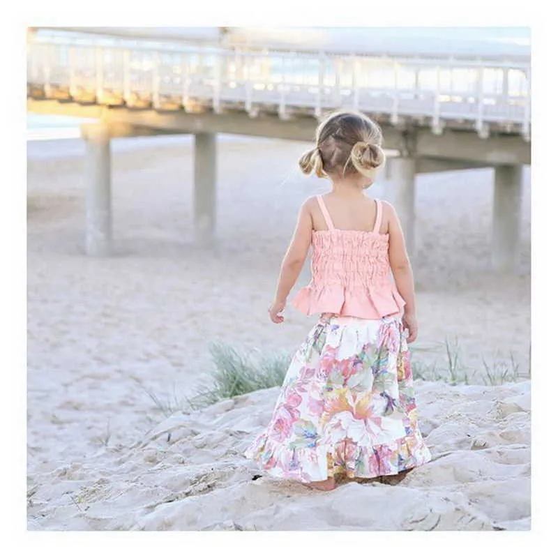 Summer Baby Girls 2-pcs Sets Ruffles Sling Top + Floral Skirt Kids Sports Fashion Clothing E1715 210610