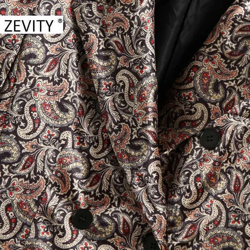 Zeefity Dames Vintage Totem Bloem Print Chic Business Blazer Office Dames Dubbele Breasted Casual Uitloper Fluwelen Pak Tops CT599 210603