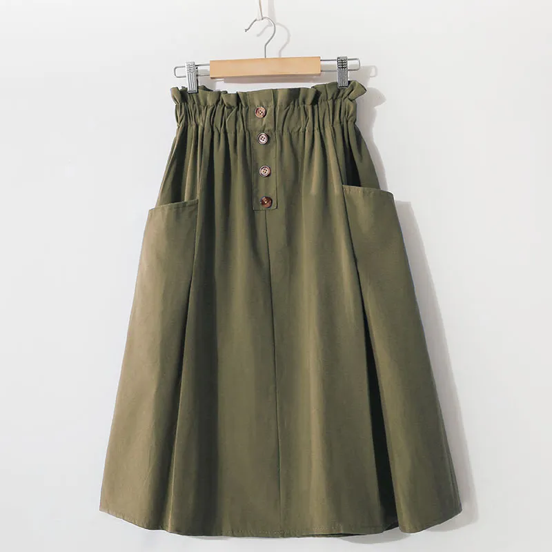 HSA super kvalitet vår sommar kvinnor koreanska grön svart knapp kjolar hög midja midi-lång pläterad kjol kvinnlig Saia 210417