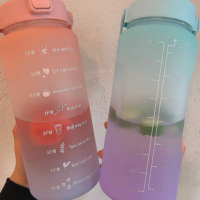 2 Liter Large Capacity Free Motivational With Time Marker Fitness Jugs Gradient Color Plastic Cups Outdoor Frosted Water Bottle 210917