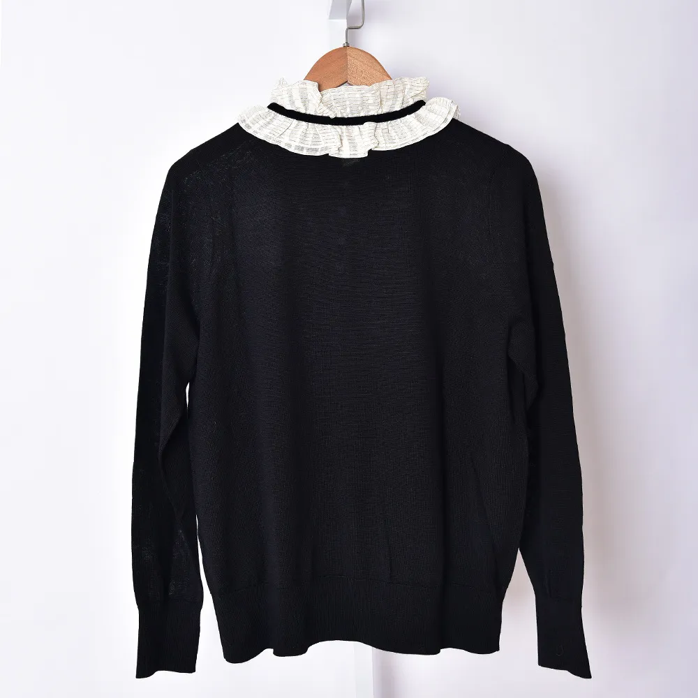 2021 Autumn Fall Long Sleeves Round Neck Black Solid Color Knitted Ribbon Tie Bowknot Panelled Pullover Style Sweater Women Fashion Knits Tops S2721101