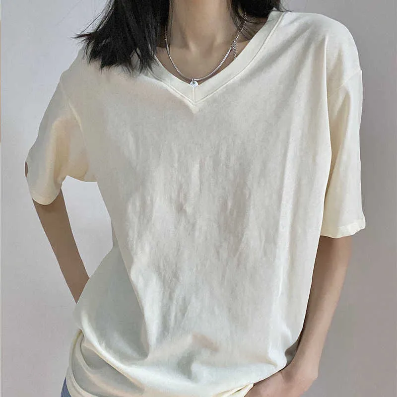 Sommarlös T-shirt bomull Kortärmad Kvinnlig Vitskjorta Solid Koreansk stil Enkel Basic V-Neck In Tops 14263 210527