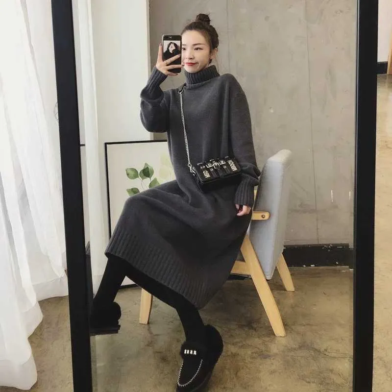 White Sweater Dress Women Knitted Turtleneck Solid Dress Autumn Winter Warm Knit Female Dress Loose Midi Vestidos Dresses Y1006