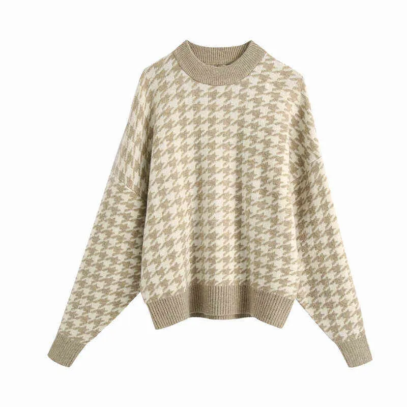 Evfer Women Casual Winter Warm Loose Knitted Pullover Sweater Female Fashion O-neck Long Sleeve Oversize Plaid Sweater Tops Chic Y1110