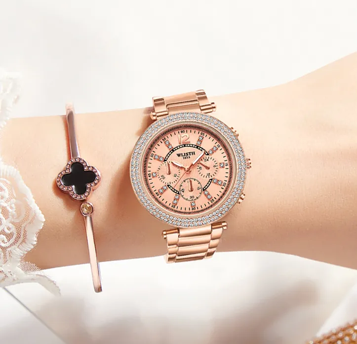 Pulseira de aço inoxidável lignt luxo elegante relógios femininos momento perfeito cheio diamante mostrador redondo quartzo rosa ouro hardlex pulso wa1989