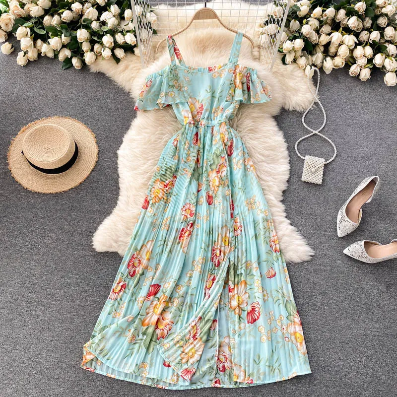 Vestido plisado elegante para mujer, vestido de verano con hombros descubiertos, estampado Floral Vintage, bohemio, Sexy, vestidos de gasa, vestido largo con volantes para mujer 210525