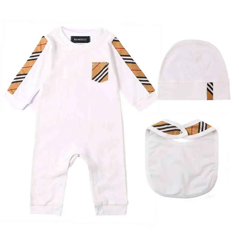 Новая летняя мода 3 шт. одежда для новорожденных в клетку в полоску из хлопка с длинными рукавами для новорожденных мальчиков и девочек комбинезоны нагрудники шапки наборы G123326184