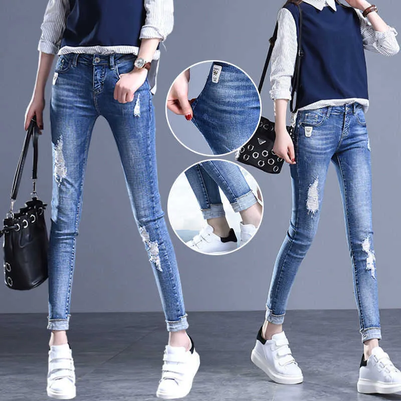 Mode plus storlek rippade jeans för kvinnor hög midja hål blå elastiska penna byxor vintage skinny denim nio kvinnliga 210629
