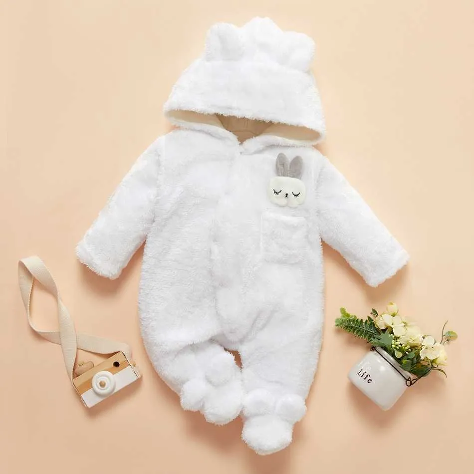 Arrivée hiver bébé solide polaire lapin combinaison à capuche unisexe doux combinaisons vêtements 210528