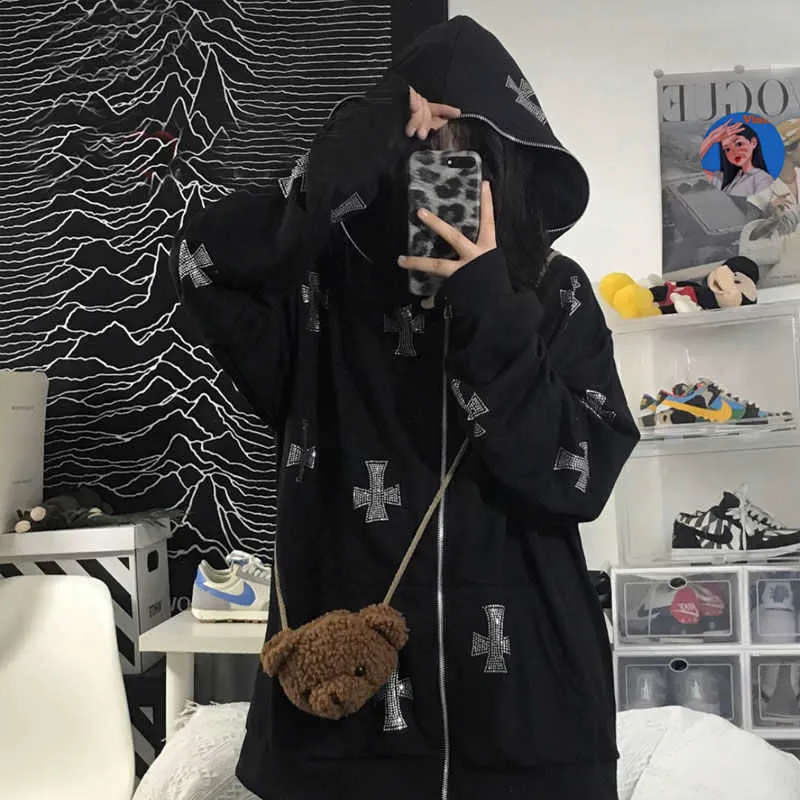 Hip Hop Joggers Sweatshirt Koreanische Mode Punk Sport Mantel Pullover Gothic Langarm Zip Hoodie Y2k Jacke Frauen 210914