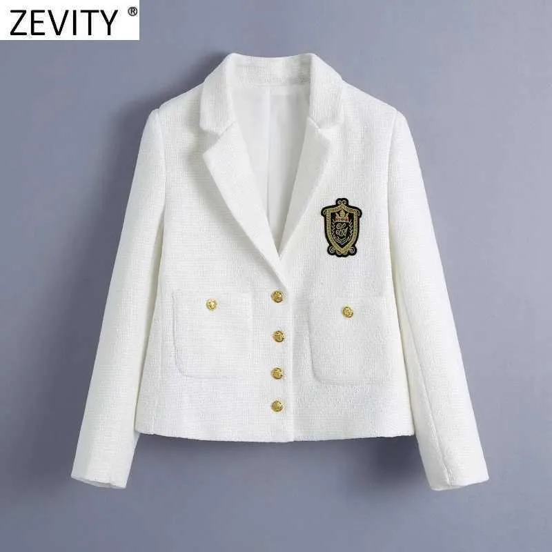 Zevity Femmes Angleterre Style Badge Patch Bouton de laine Blazer Manteau Vintage Poches à manches longues Femme Vêtements de dessus Chic Tops CT663 210603