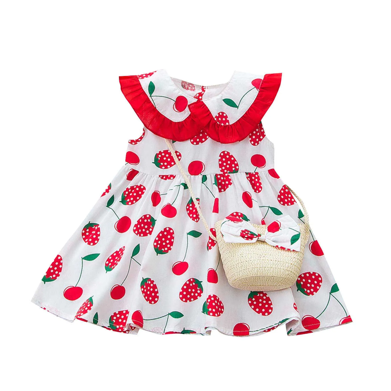 Mädchen Kurzarm Erdbeere Obst Druck Kleid Kleinkind Kinder Baby Mädchen Casual Erdbeere Druck Kleid Prinzessin Tasche Set Outfits Q0716