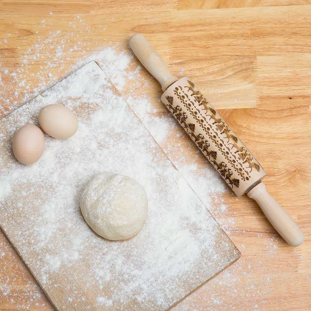 Christmas Rolling Pin Engraved Carved Wood Embossed Rolling Pin Kitchen Tool SUB Sale 211008