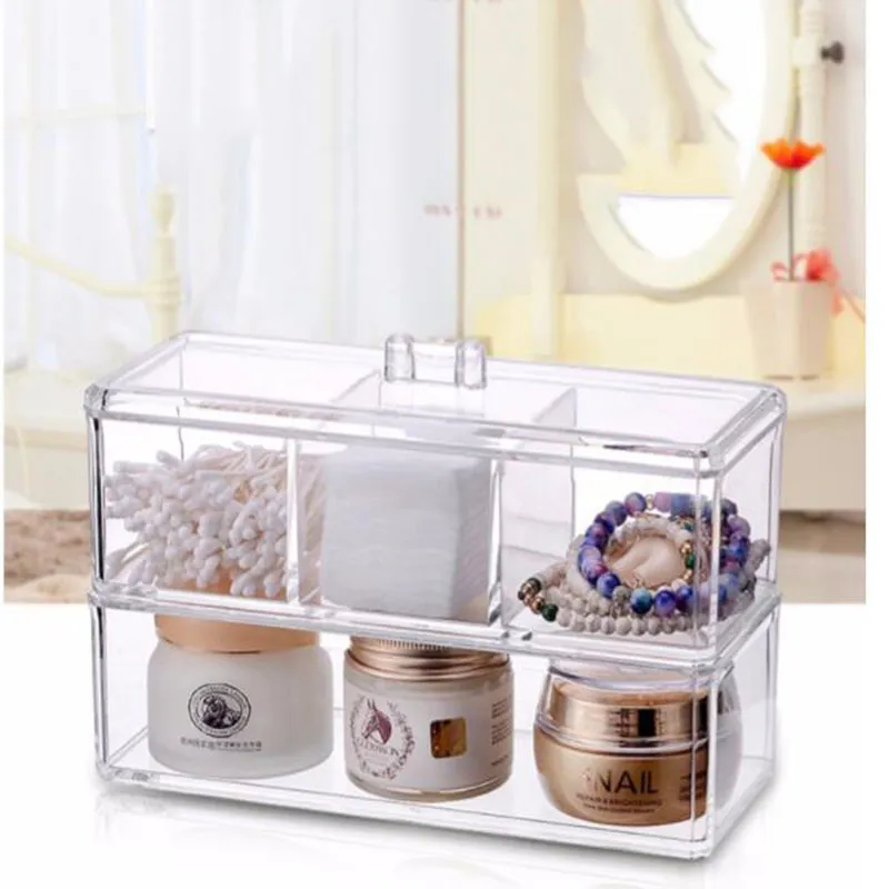 Doublelayer Makeup Storage Box Cosmetics Organizer Transparent Plastic Brush Drawer Finishing with Cover Dustproof Y200628