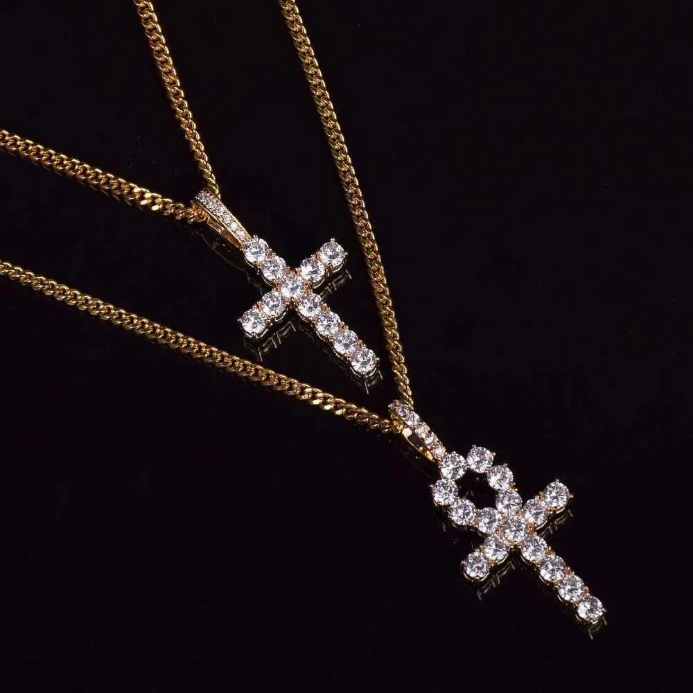 Ankh Cross Jewelry Set Gold Color Materiał miedziany Męska Damska Biżuteria Hip Hop Naszyjnik H1022