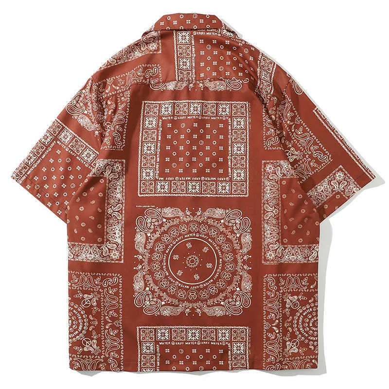 Camisas de verão Homens Vintage Padrão étnico Flor de Caju Impresso Feriado Casual Camisa de Manga Curta Camisa Beach Blusa Loose Tops 210527