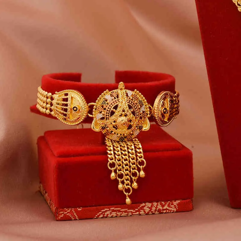 럭셔리 24K 두바이 보석 세트 금색 아프리카 결혼 선물 신부 팔찌 목걸이 귀걸이 링 보석 세트 21124173594