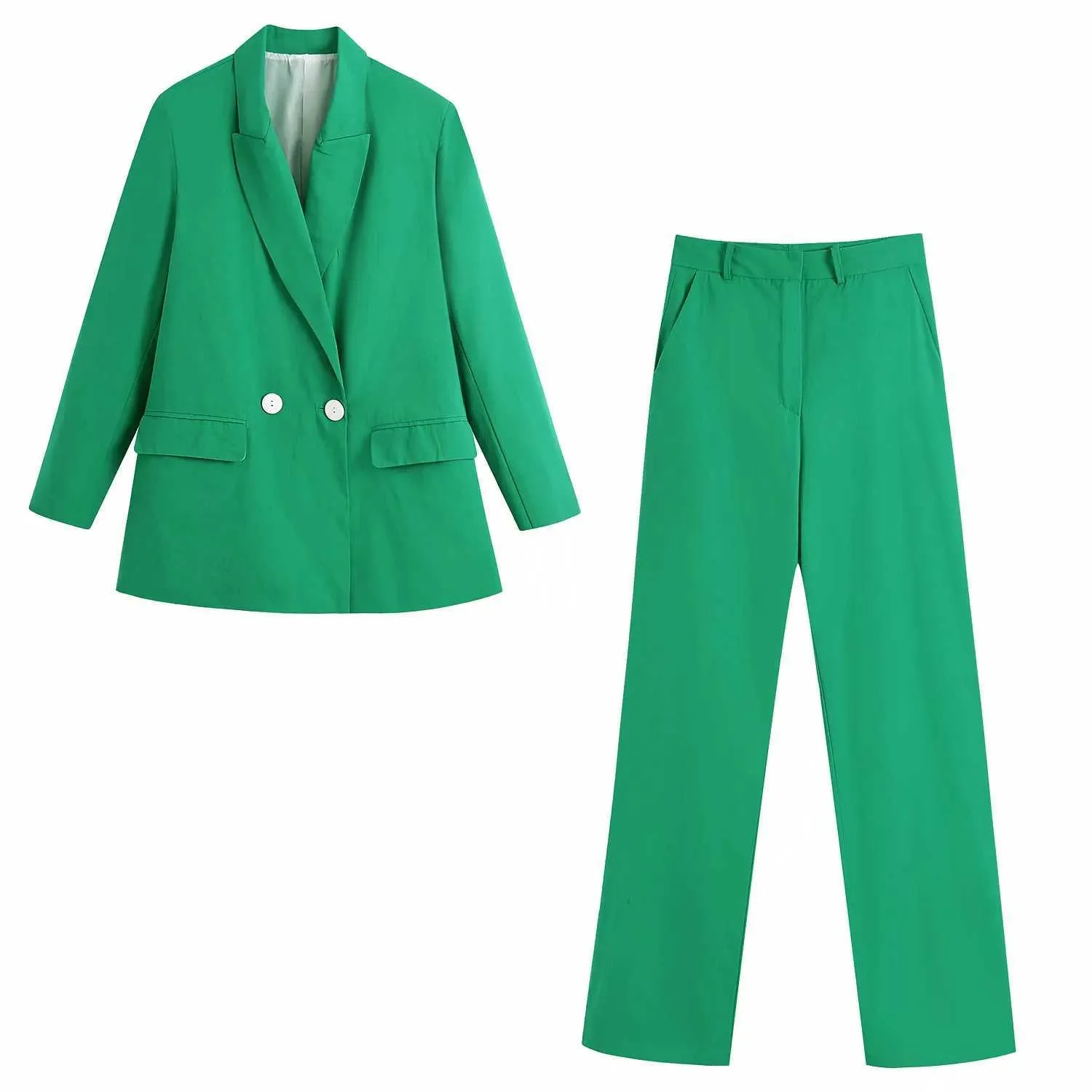 Traf za grön blazer kvinnor dubbelbröst kvinna vår lång jacka kontor kvinnlig kostym elegant ärm s 211006