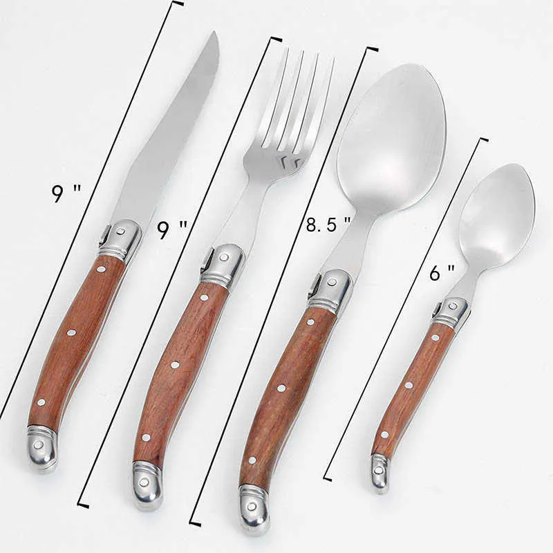 Laguiole Cutlery Set Trähandtaget Tabelleris Rostfritt stål Stek Knivar Trä japanskt middagar Kök Accessoreis X0272E