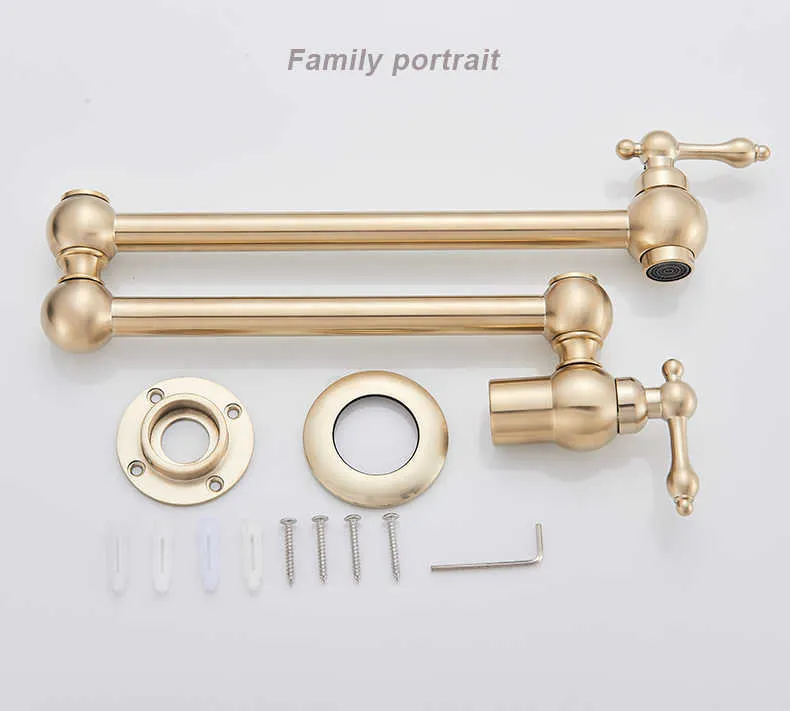 Brushed Golden Single Lever Rotate Folded Wall Mounted Sink Bathroom Kitchen Faucet 360 Rotation Faucet Only Cold Water 210724