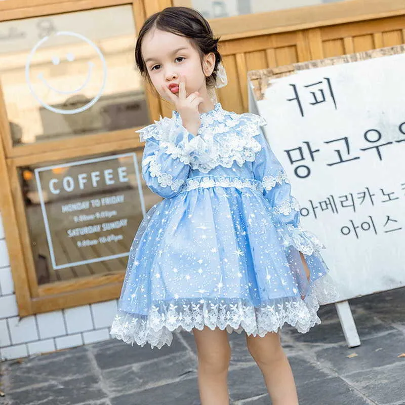 Spring Kids Girl Party Dress Lace Bow Blue Long Sleeves Mesh Princess Dresses Wedding Perform Formal Clothes E8010 210610