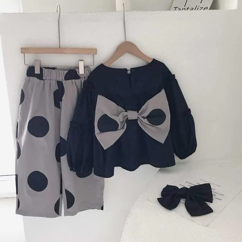 Abito da bambina Camicia da bambina coreana con fiocco Dot Wide 2021 Pantaloni a gamba Set da due pezzi Nero G1026