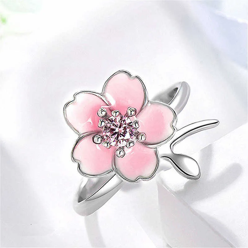 Womens Rings Crystal silver sweet blossom ring drop flower pink diamond cherry Lady Cluster styles Band