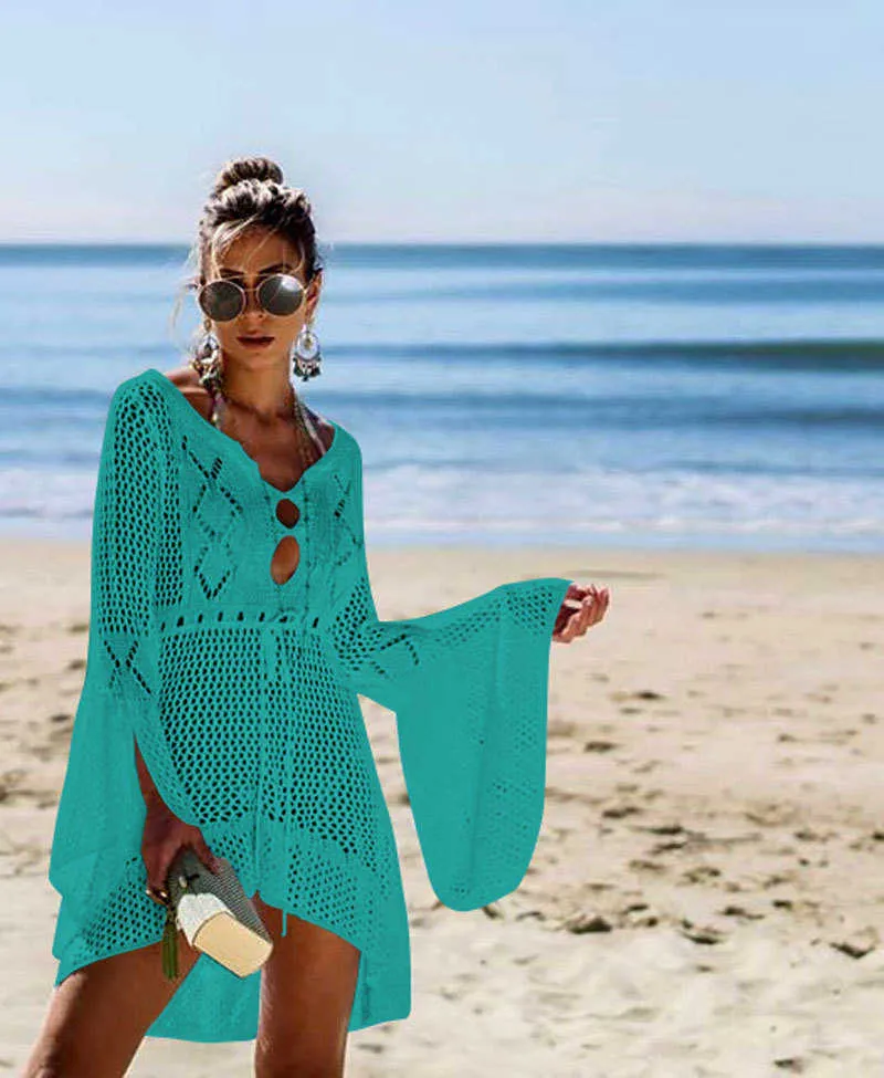 Hollow Out Assimetria Crochet Beach Skirt Sleeves Flared Sleeves Túnica de Túnica Bikini Cover-Ups Brasil Cobertura de Maquiagem de malha 210604